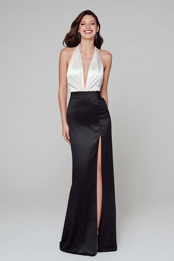 Robe formelle fourreau noir et blanc avec fente